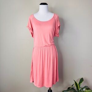 NEW Pink Rose Size XL Women's Dress Salmon Stretchy Midi Short Sleeves